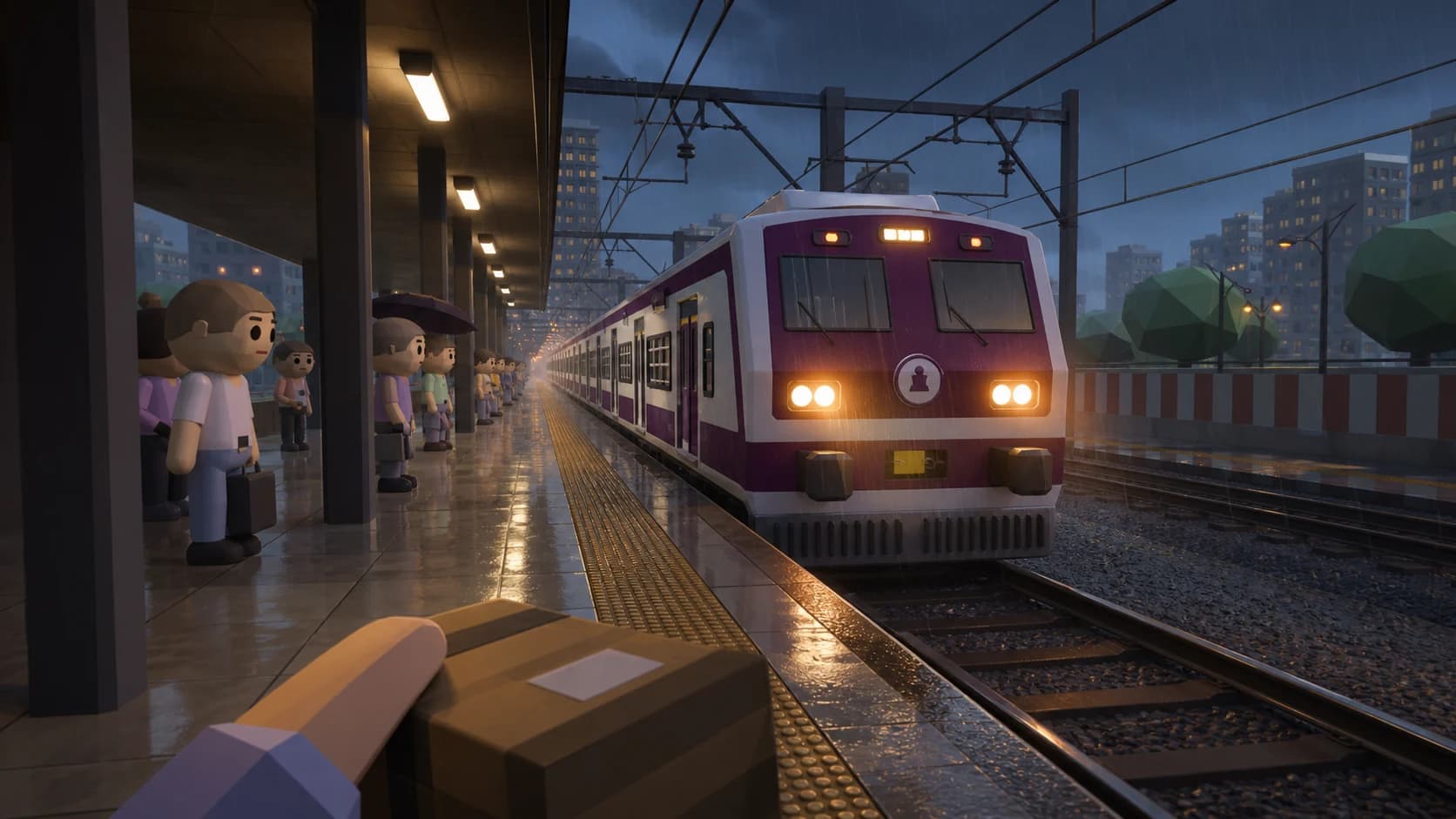 First-person courier holding a parcel as a Mumbai local train arrives in the monsoon