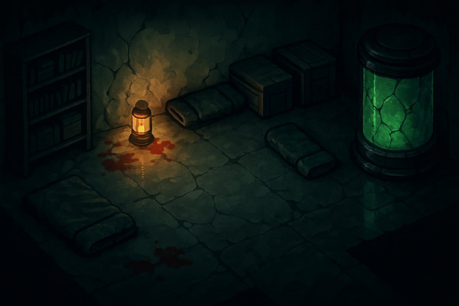 The Refuge — a hidden shelter below the failures' wing, lit by a lantern