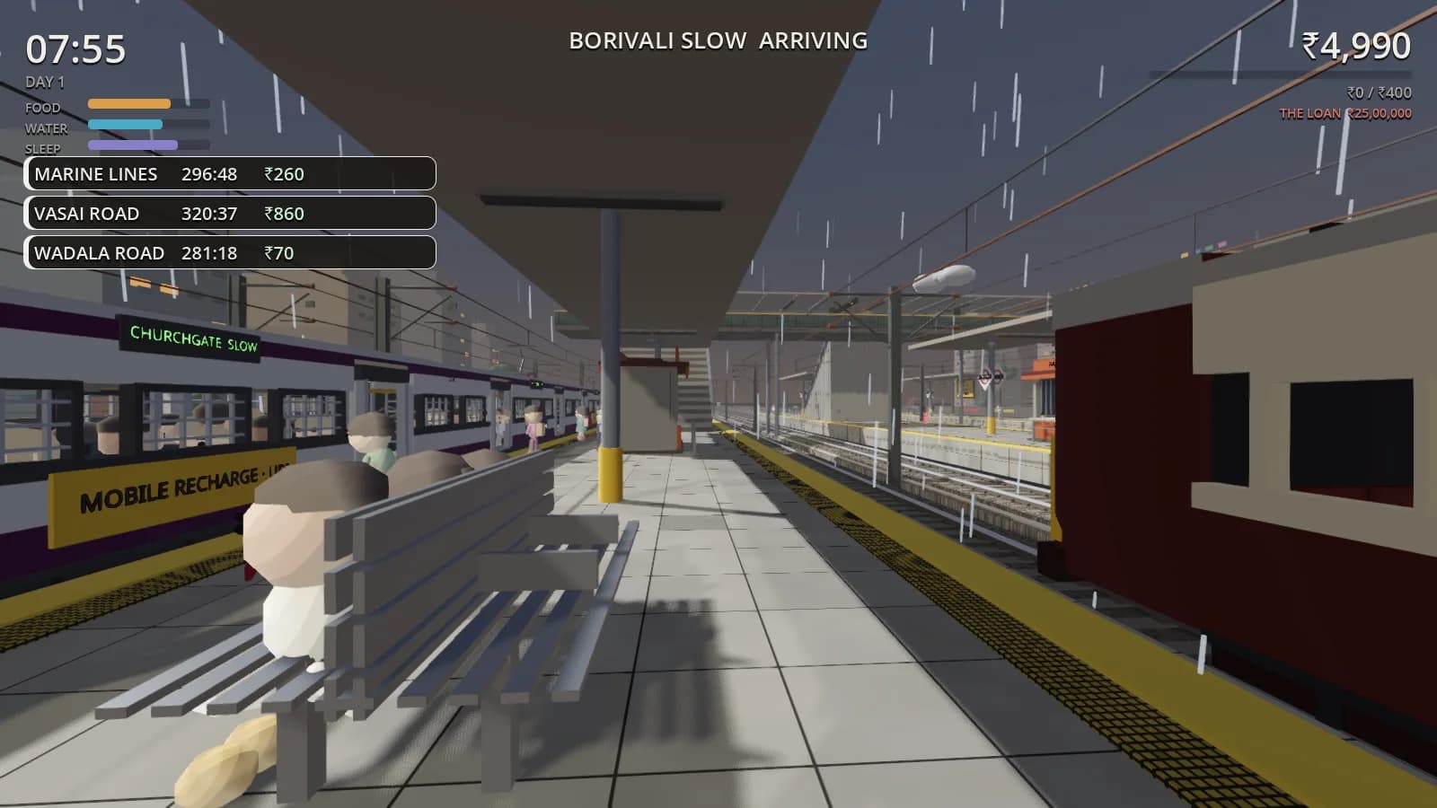 First-person view along a Mumbai local platform as a train arrives in heavy rain