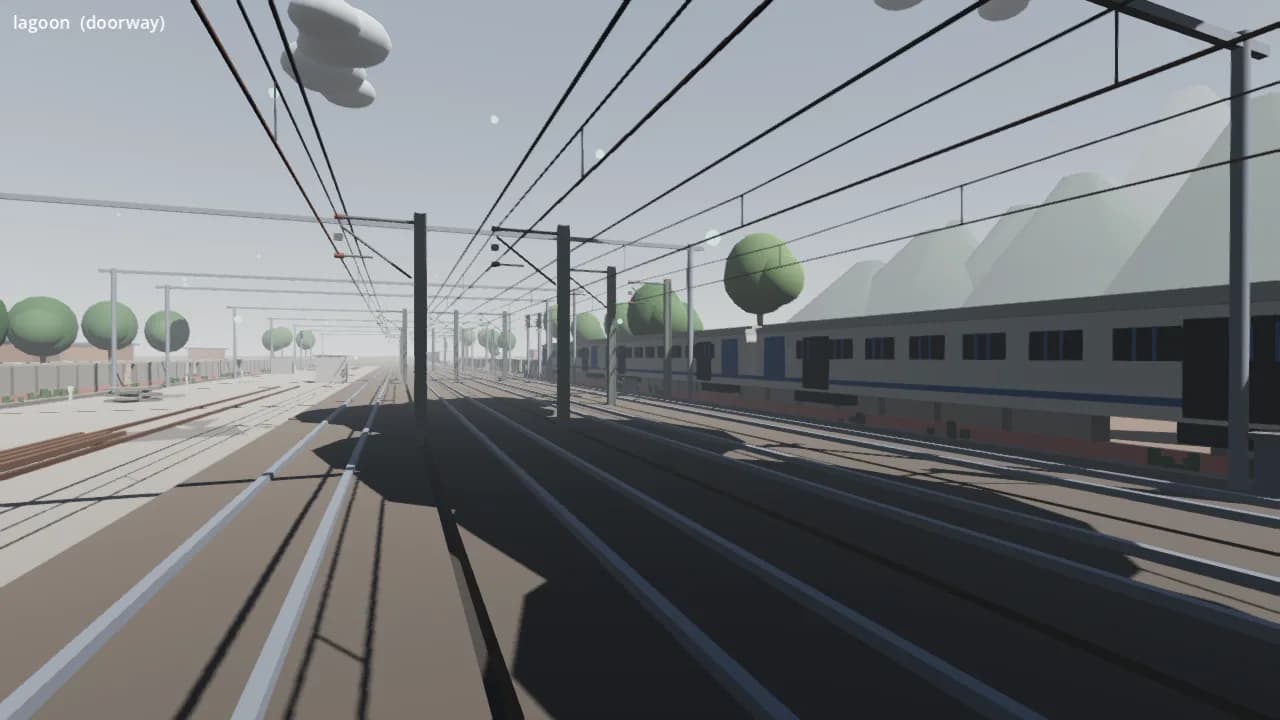 Railway tracks and a low-poly city seen from an open train doorway