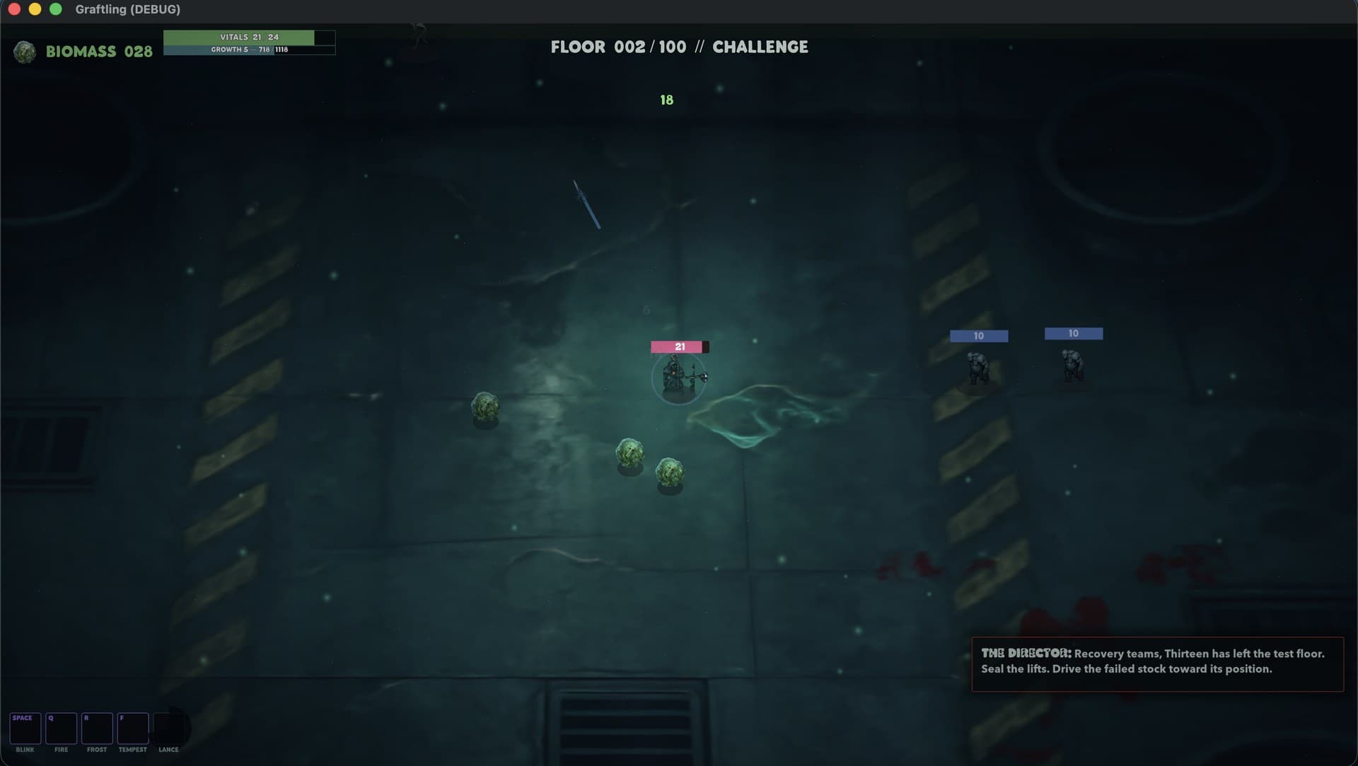 Mage class combat on Floor 2 with fire, frost, tempest, and lance abilities